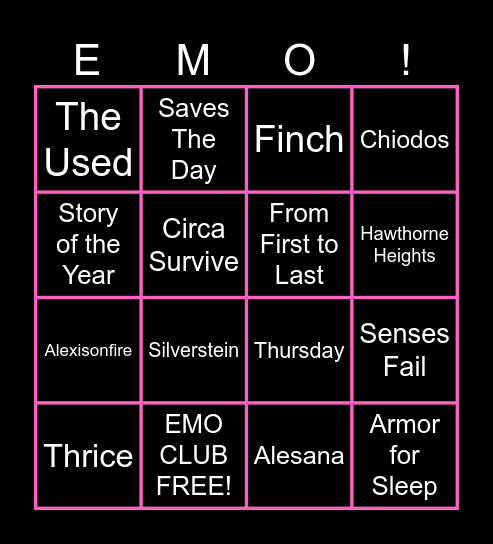 Elder Emo/Post Hardcore Bingo Card