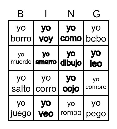 verbos Bingo Card
