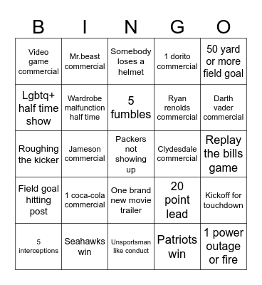 Superbowl bingo Card