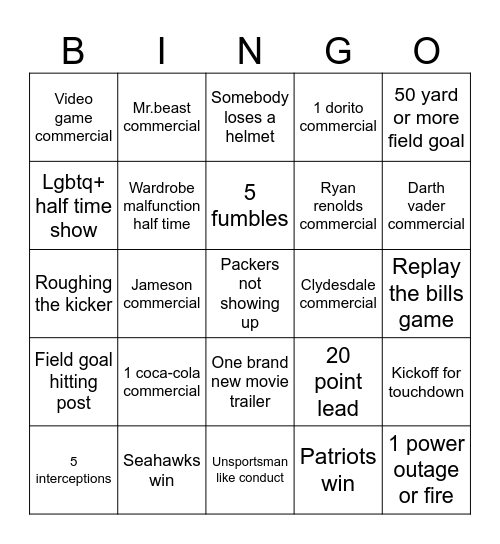 Superbowl bingo Card
