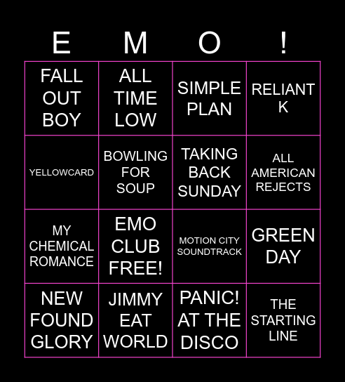 2000's Emo/Pop Punk Bingo Card