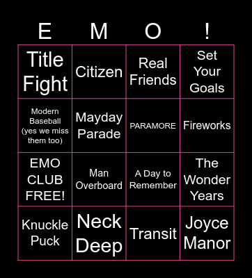 2010's Pop Punk/Emo Bingo Card