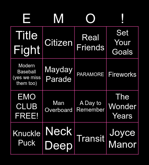 2010's Pop Punk/Emo Bingo Card
