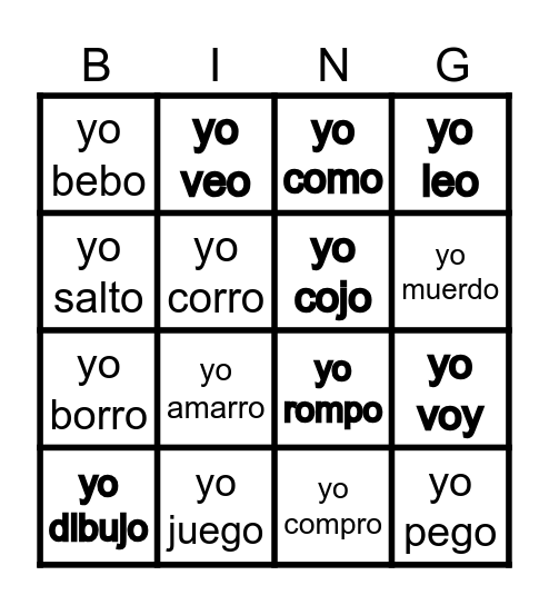 verbos Bingo Card