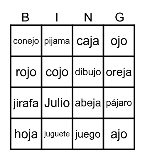 ja  je  ji  jo  ju Bingo Card