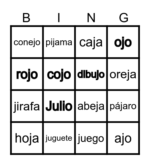 ja  je  ji  jo  ju Bingo Card