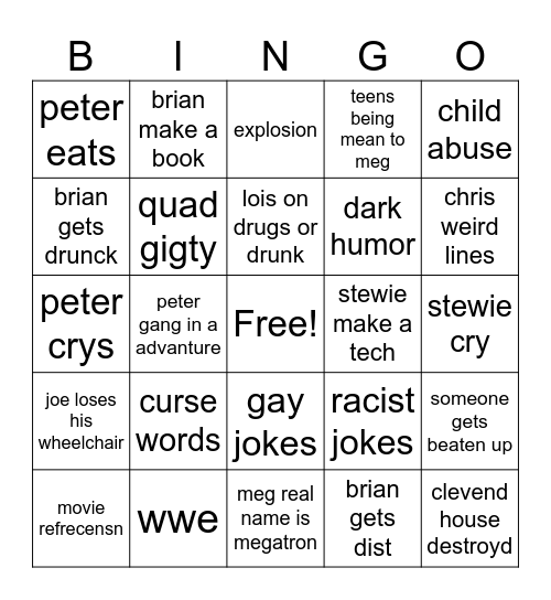family guy bingo Card