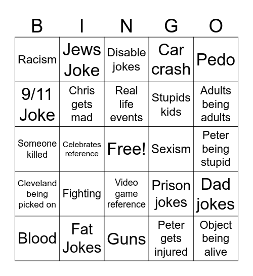 Family Guy Bingo Card