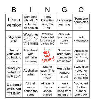 Triple J Hottest 100 Bingo Card