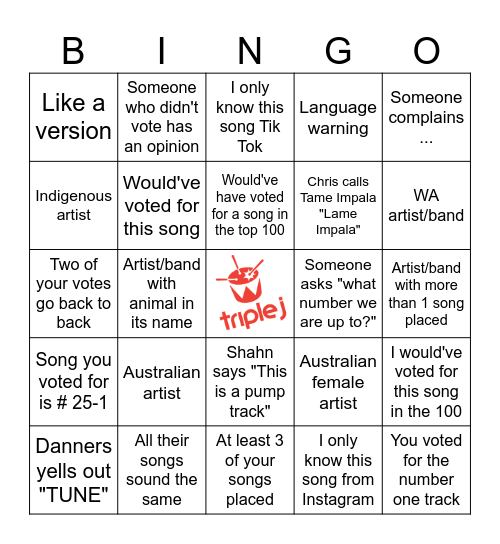 Triple J Hottest 100 Bingo Card