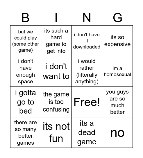 why not to play destiny Bingo Card