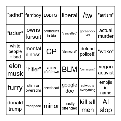 Degenerate Social Media Bingo Card