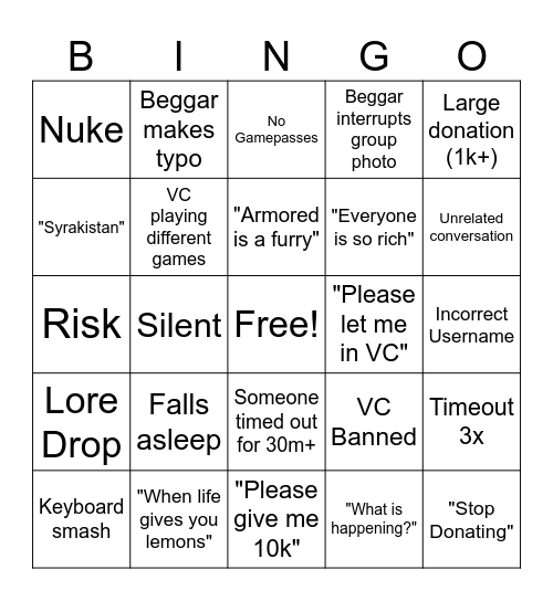 ArmoredReality Stream Bingo Card