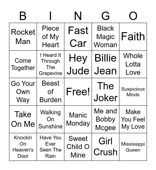 Cover Songs Bingo Card