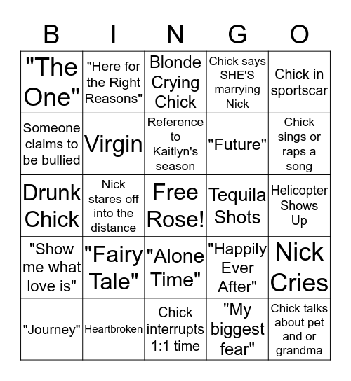 Bachelor Bingo Card