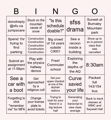 SFU Bingo Card