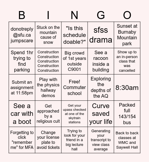 SFU Bingo Card