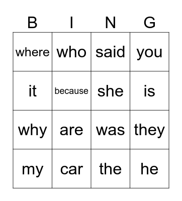 Sight Words Bingo Card