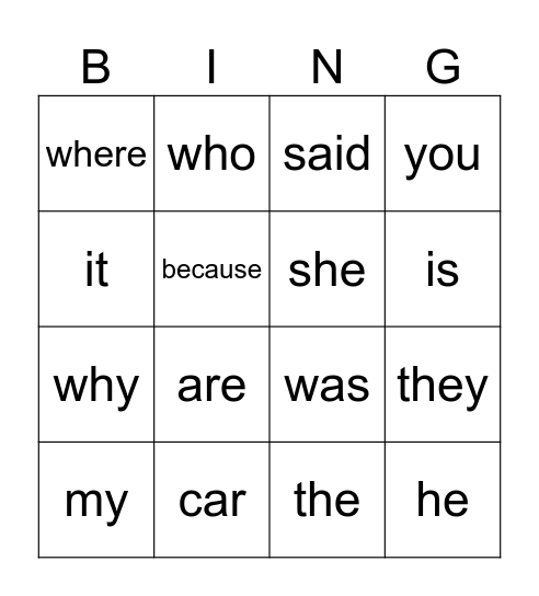 Sight Words Bingo Card