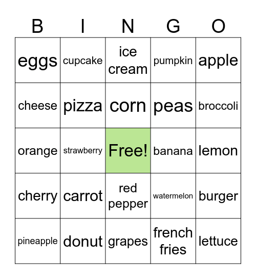 Bingo Food Bingo Card