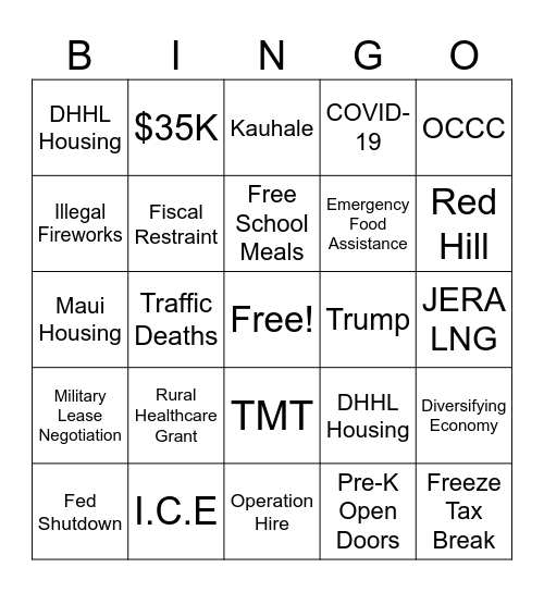 2026 State of the State Bingo Card