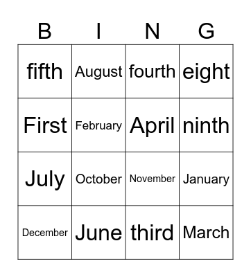 MONTHS AND NMBERS BINGO Card