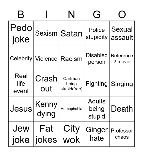 Sothpark bingo Card