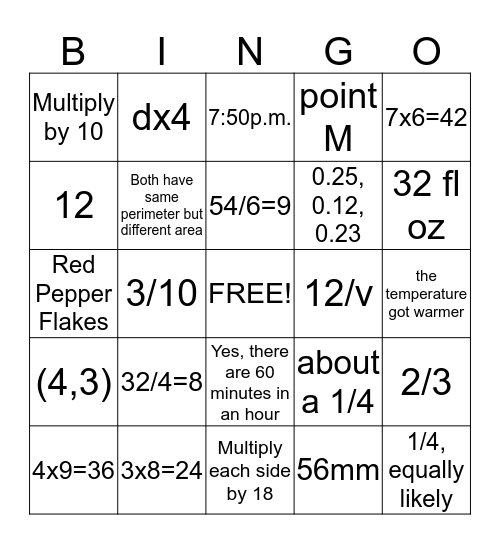 Math Bingo Card