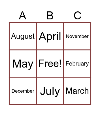 Months of the Year Bingo Card