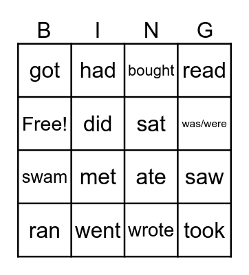 Irregular verbs Bingo Card