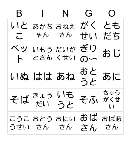 Family Unit 3 Vocab Bingo Card