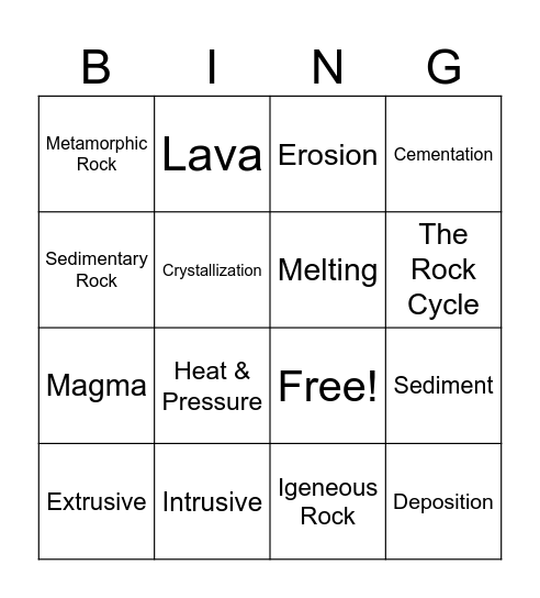 Rock Cycle Bingo Card