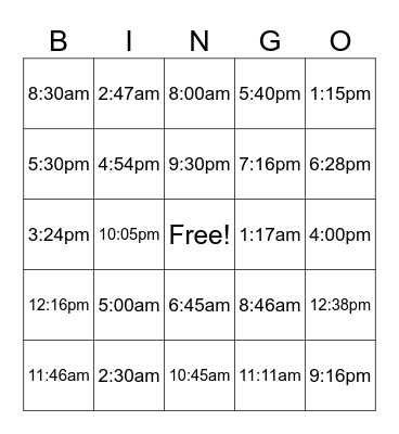 Telling Time - J2 Bingo Card