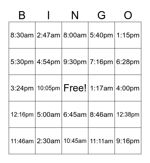Telling Time - J2 Bingo Card