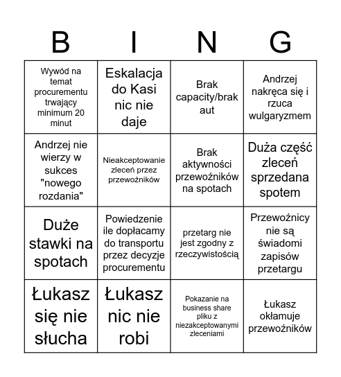 Narzekanie Bingo Card