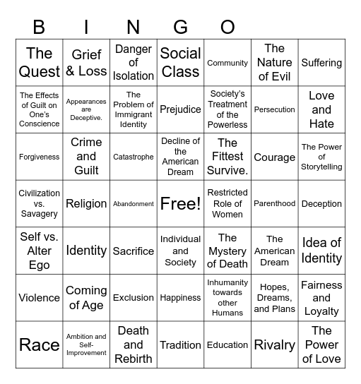 Universal Themes in Literature Bingo Card