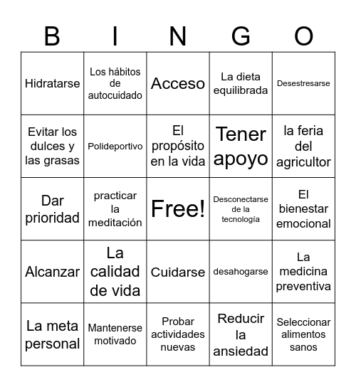 Unidad 3: El bienestar Bingo Card