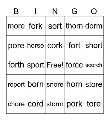 OR, ORE,    LESSON #78 Bingo Card