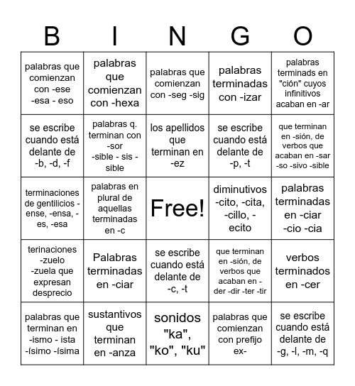 C, S, Z, X Bingo Card