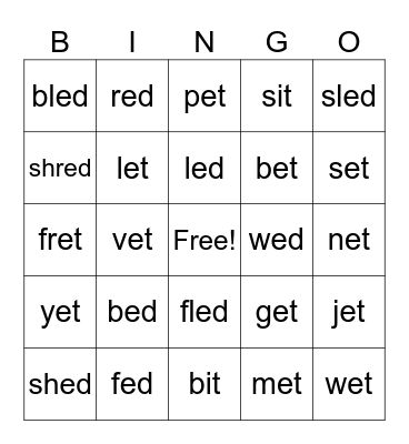 ed word family Bingo Card