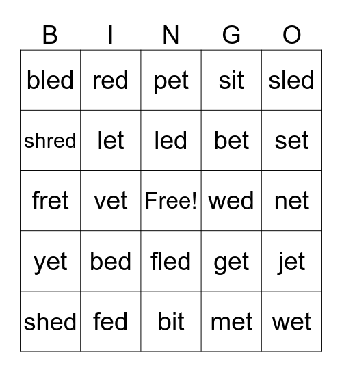 ed word family Bingo Card