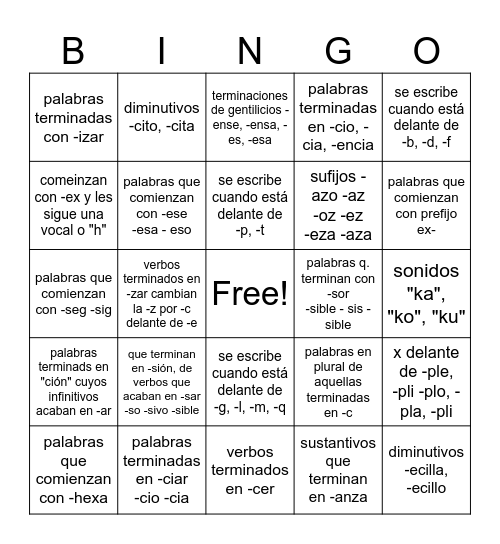 C, S, Z, X Bingo Card
