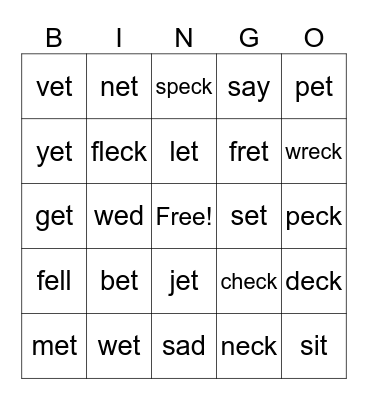 et word family Bingo Card