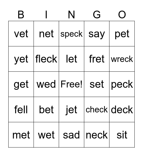 et word family Bingo Card