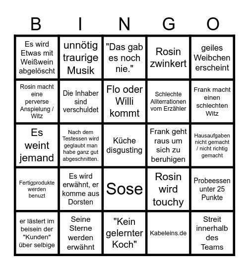 Rosins Restaurant Bingo Card