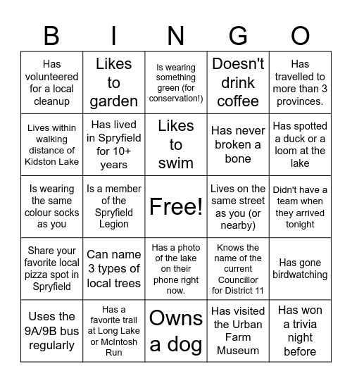 Spryfield Trivia Night Bingo Card