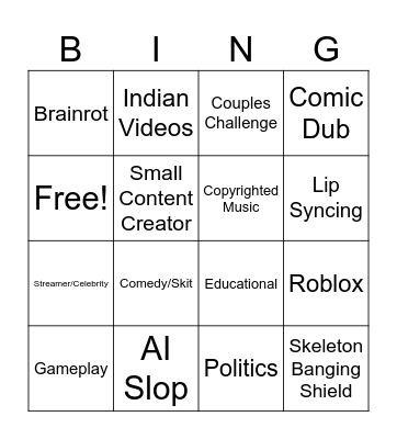 YT Shorts Bingo 2026 Bingo Card