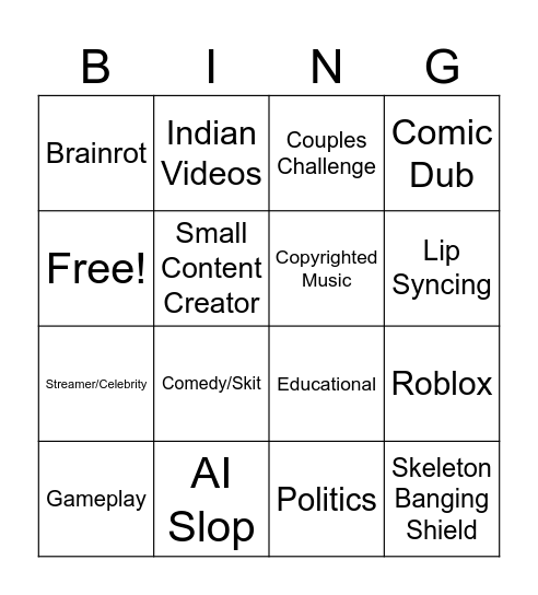 YT Shorts Bingo 2026 Bingo Card