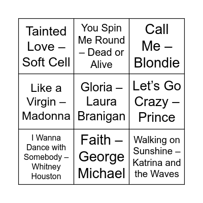 80s Upbeat 60 Songs Bingo Card