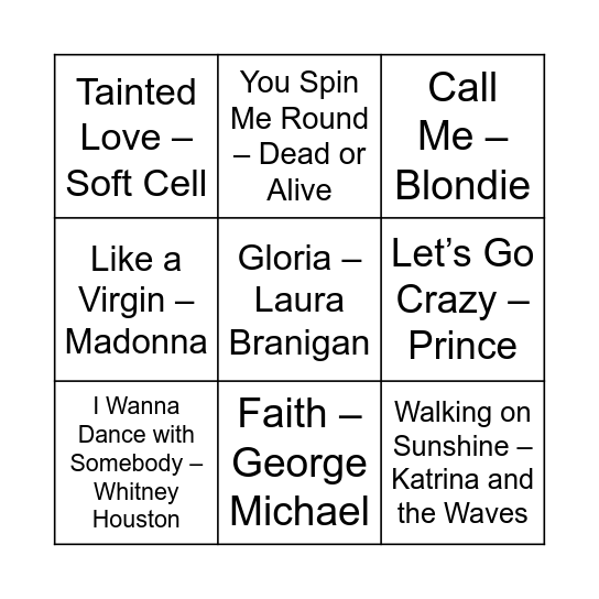 80s Upbeat 60 Songs Bingo Card